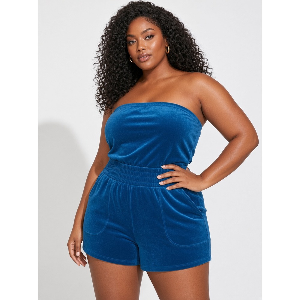 Torrid Strapless Terry Cloth Romper Teal Blue Smocked Waist Tube Top Shorts